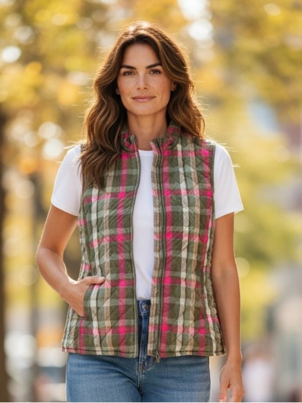 I.B. Diffusion Zip Front Vest Plaid Green/Pink Sz M